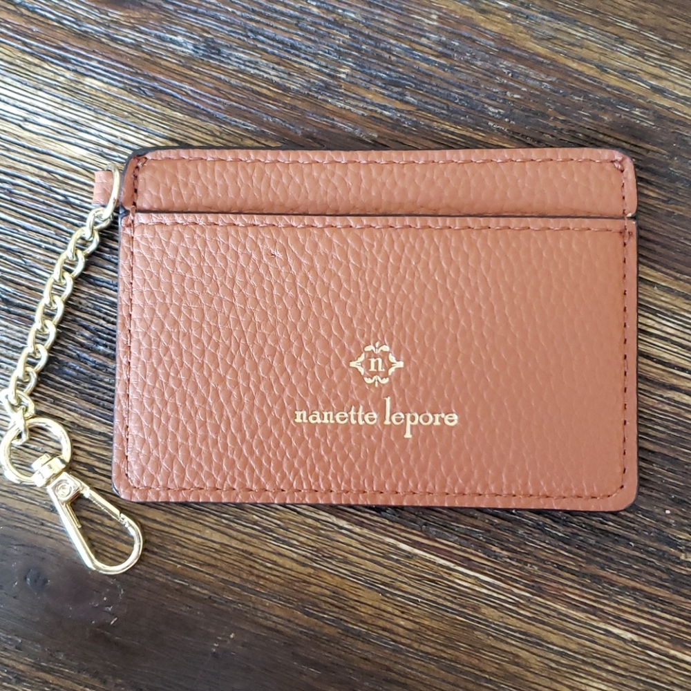 Nanette Lepore pebbled leather camel card case with goldtone chain FLAWED